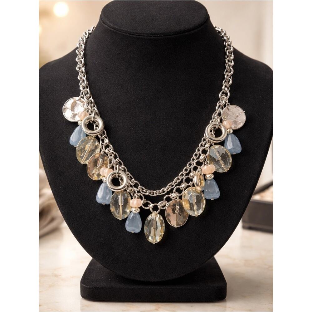 Silver Pale Blue & Champagne Teardrop Statement Necklace